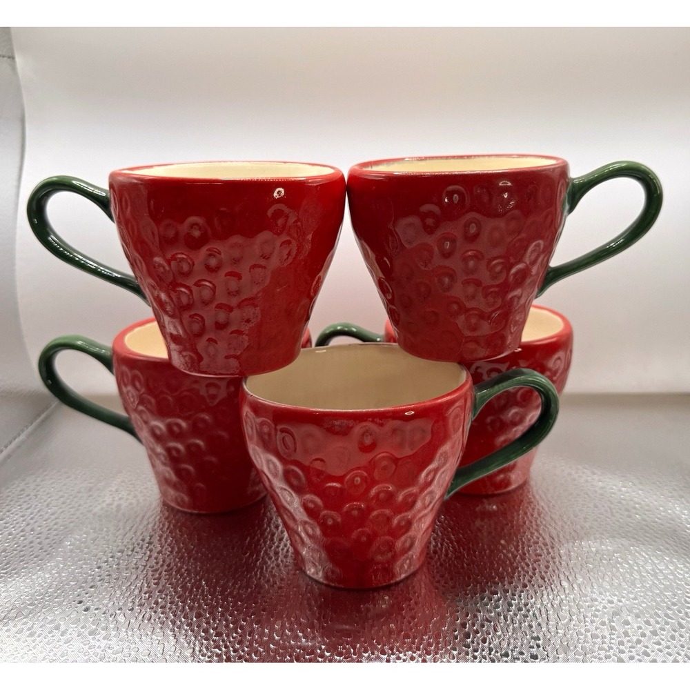 Set of 5 Handmade Strawberry Coffee Mugs Cottage Granny Core Ceramic Vintage EUC